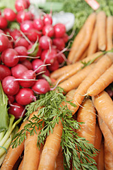 Lebendige und frische Produkte werden auf einem Markt in Oberbayern, Deutschland, präsentiert und bringen Farbe in die lokale Szene - TCF002124