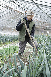 A woman tending to leeks with care in a Weidenkam greenhouse, located in Upper Bavaria, Germany - TCF002077