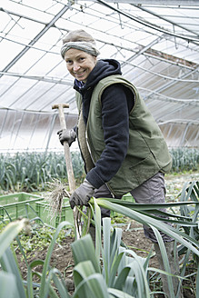 A woman tending to leeks with care in a Weidenkam greenhouse, situated in Upper Bavaria, Germany - TCF002078