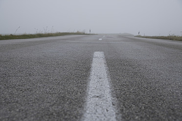 Ein ruhiger bayerischer Morgen mit einem mystischen Nebel, der die malerische Landstraße in Münsing einhüllt - TCF002097