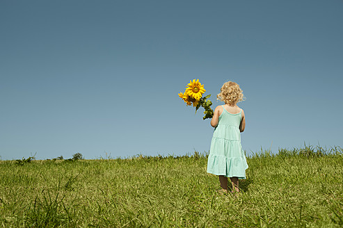 Ein junges Mädchen genießt den bayerischen Sonnenschein, umgeben von einem Feld voller leuchtender Sonnenblumen und üppigem Grün - RNF000732