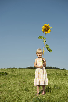 Ein junges Mädchen genießt die Wärme der Sonne inmitten eines beeindruckenden Sonnenblumenfeldes in Bayern, Deutschland - RNF000740