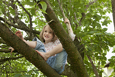 Germany, Bavaria, Munich, Girl sitting on tree, smiling - RBF000790