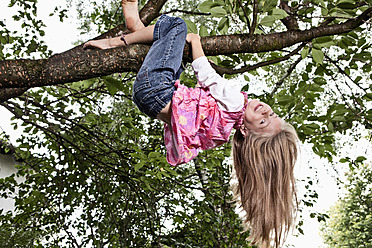 Germany, Bavaria, Munich, Girl hanging on tree, smiling - RBF000793