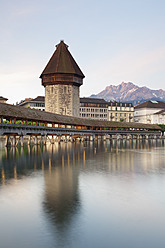 Switzerland, Lucerne, View of Chapel Bridge with water tower - MSF002491