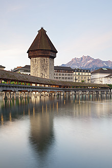 Switzerland, Lucerne, View of Chapel Bridge with water tower - MSF002491