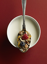 Cereal and fruits in spoon on bowl of milk, close up - KSWF000779