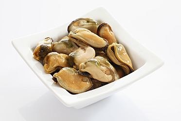 Preserved mussels in bowl on white background - CSF015666