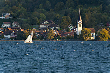 Schweiz, Berlingen, Blick auf Segelboot im Bodensee mit Dorf - SH000600