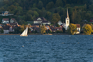 Switzerland, Berlingen, View of sailing boat in Lake Constance with village - SH000600