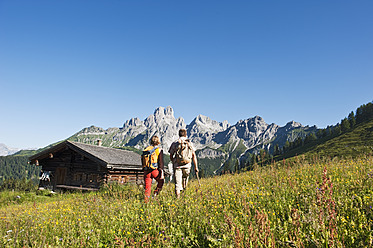 Österreich, Salzburg, Filzmoos, Pärchen geht durch Wiese - HHF003824