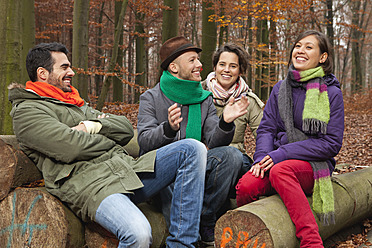 Deutschland, Berlin, Wandlitz, Männer und Frauen auf Baumstamm sitzend, lächelnd - WESTF018271