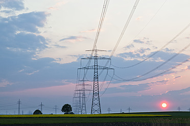 Deutschland, Bayern, Blick auf Strommast im Rapsfeld bei Sonnenuntergang - FOF003868
