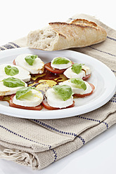 Mozzarella, Brot, Tomatenscheiben mit Basilikum auf Serviette - MAEF004301