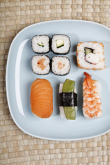 Germany, Variety of sushi on plate - ANBF000025