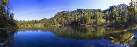 Österreich, Blick auf See mit Bäumen, lizenzfreies Stockfoto