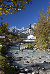 Germany, Bavaria,Ramsau, St Sebastian's Church with Reiteralpe in background - WWF002059