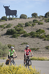 Spain, Andalusia, Man and woman riding bicycle with bull statue in background - DSF000294