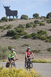 Spanien, Andalusien, Mann und Frau fahren Fahrrad mit Stierstatue im Hintergrund - DSF000294