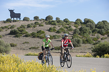 Spanien, Andalusien, Mann und Frau fahren Fahrrad mit Stierstatue im Hintergrund - DSF000295