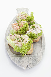 Krabben- und Forellenfilet-Tartar-Sandwiches in einem Teller auf weißem Hintergrund - MAEF004466