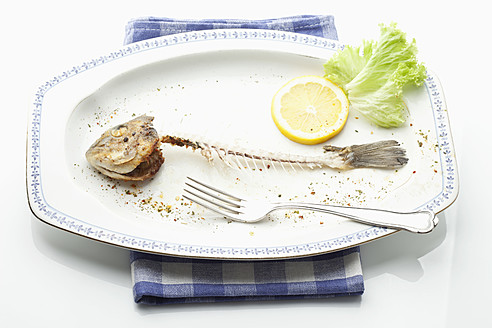 Gegessener Fisch in Teller mit Serviette auf weißem Hintergrund - MAEF004483