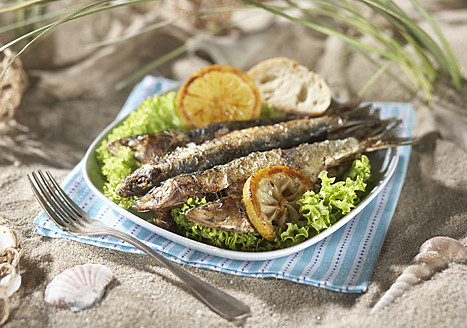 Grilled sardines with salad and lemon in plate - JLF000364