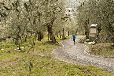 Italien, Älterer Mann joggt auf einem Weg - MIRF000396