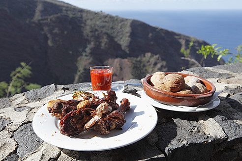 Spain, Goat meat with potato, close up - SIEF002489