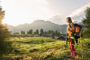 Österreich, Land Salzburg, Junge Frau steht auf einer Almwiese und beobachtet die Landschaft - HHF004008