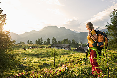 Austria, Salzburg County, Young woman standing in alpine meadow and watching landscape - HHF004008