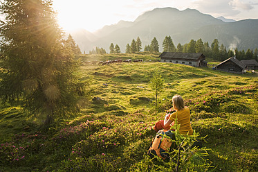 Austria, Salzburg County, Young woman sitting in alpine meadow and watching landscape - HHF004010