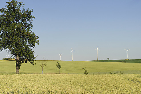 Deutschland, Sachsen, Blick auf eine Windkraftanlage auf einem Feld - MJF000008