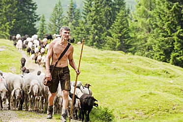 Österreich, Bundesland Salzburg, Hirte hütet Schafe auf einem Berg - HHF004124