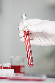 Deutschland, Bayern, München, Wissenschaftlerin hält rote Flüssigkeit in Reagenzglas für medizinische Forschung im Labor - RBF000845