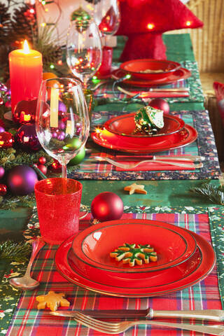 Germany, Cologne, Place setting at dining table for christmas stock photo