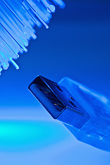 USB-Kabel vor blauen Faserleuchten, Nahaufnahme - TSF000360