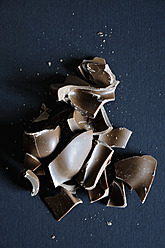 Broken chocolate figurine on coloured background - AXF000081