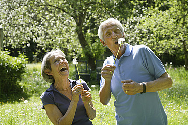 Germany, Bavaria, Senior couple blowing blowball - TCF002629