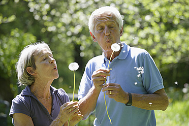 Germany, Bavaria, Senior couple blowing blowball - TCF002636