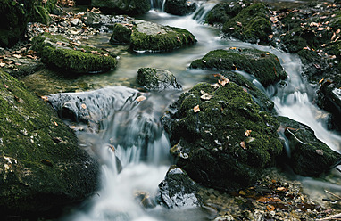 Deutschland, Bayern, Fluss, der durch moosbewachsene Felsen fließt - FLF000067