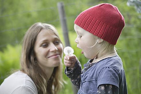 Germany, Bavaria, Mother and daughter with dandelion - TCF002701