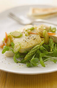 Gebratener Tofu mit Spargel, Vinaigrette und Tramezzini auf Teller - KSWF000914