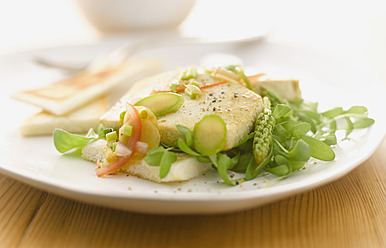 Gebratener Tofu mit Spargel, Vinaigrette und Tramezzini auf Teller - KSWF000904