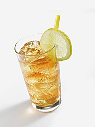 Glass of lemon ice tea on white background - KSWF000985