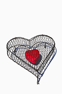 Herzförmiger Käfig aus Draht mit rotem Herz auf weißem Hintergrund, Nahaufnahme - AXF000093