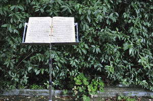 Deutschland, Bayern, Musiknote mit Ständer und Hecke im Hintergrund - AXF000107