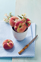 Peaches in bowl with knife on tablecloth - ECF000002