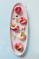 Peaches on ceramic platter with blossom on table - ECF000008