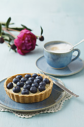 Heidelbeerkuchen mit Vanillepudding und Cappuccino auf dem Tisch - ECF000018